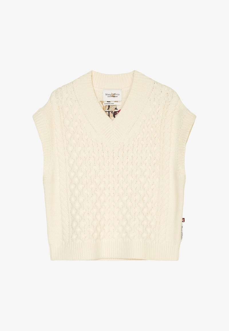 V-kaula-aukollinen, hihaton kermaan vivahtava neulepaita, jossa on punottu neulos ja resorit reunoissa. Sivussa on merkki ja koristeellinen vuori sisäpuolella.