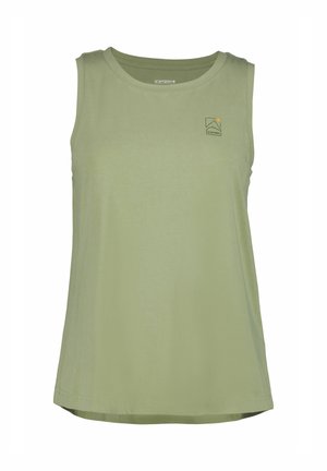 Bez rękawów, jasnozielony sportowy tank top z małym czarnym i pomarańczowym logo góry na lewej piersi.