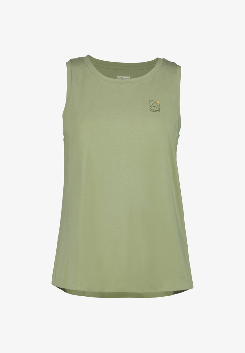 Mouwloos lichtgroen sporttanktop met een klein zwart-oranje berglogo op de linkerborst.