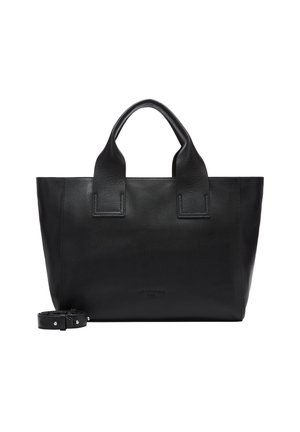 Czarna skórzana torba na ramię z dwiema górnymi uchwytami, minimalistyczny design, gładka tekstura i odpinany pasek na ramię. Brak widocznych logo lub akcentów.