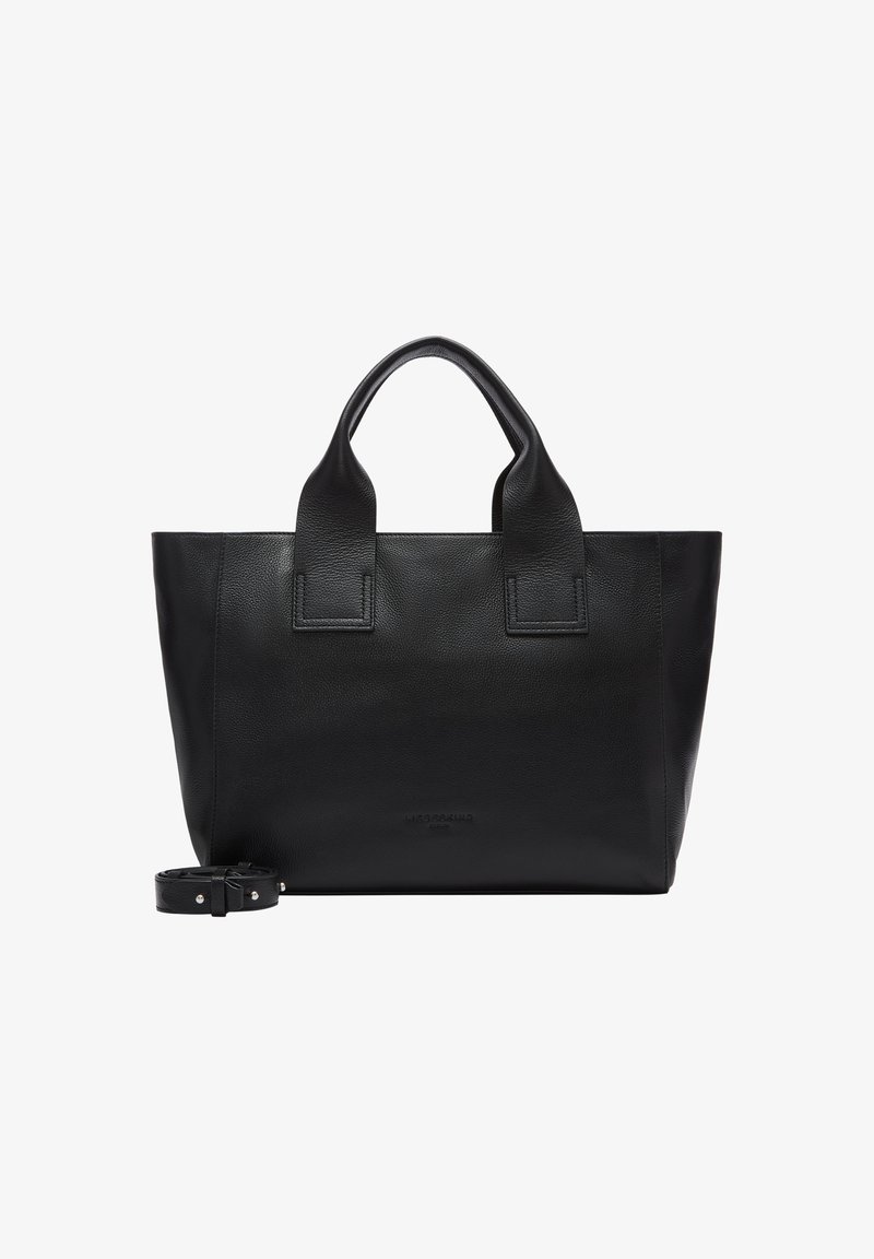 Schwarze Leder-Tote-Bag mit zwei oberen Tragegriffen, minimalistischem Design, glatter Textur und abnehmbarem Schulterriemen. Keine sichtbaren Logos oder Akzente.