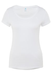 Vit kortärmad T-shirt med rund halsringning, gjord av texturerat tyg, med en diskret logotypdetalj på bröstet.