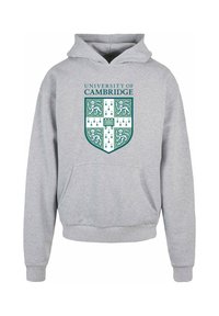 Gray hoodie with a front pocket, featuring a green University of Cambridge crest design in the center. Material appears soft and flexible.