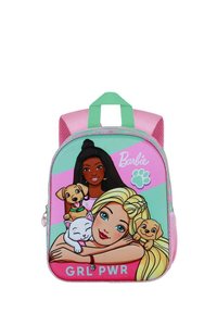 Mochila infantil con un diseño en rosa y verde menta, personajes de dibujos animados y gráficos de cachorros. Incluye el texto "GRL PWR" y un cierre de cremallera.
