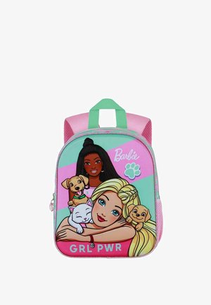 Kinderrucksack mit einem Design in Pink und Mintgrün, Cartoonfiguren und Welpenmotiven. Enthält den Text "GRL PWR" und einen Reißverschluss.