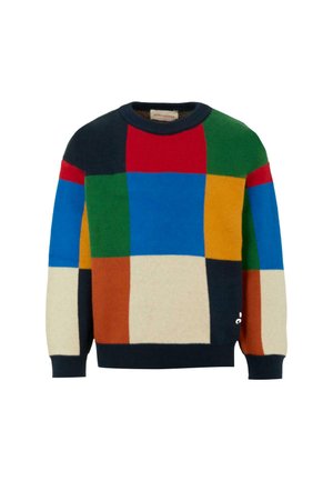 Multicolored knitted sweater featuring large blocks of red, green, blue, yellow, orange, and cream, with a round neck and ribbed cuffs.