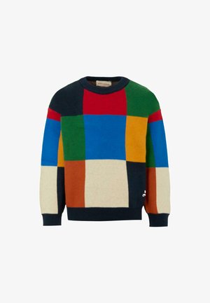 Multikleurogenaald trui met grote blokken in rood, groen, blauw, geel, oranje en crème, met een ronde hals en geribde manchetten.