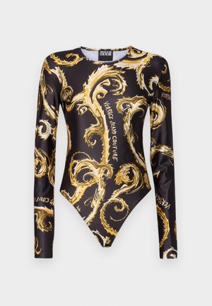 Black bodysuit with long sleeves featuring a gold baroque pattern and "Versace Jeans Couture" text. Smooth, stretchy fabric design.