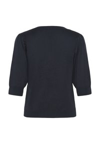 Dark navy pullover sweater with three-quarter sleeves, ribbed cuffs and hem, smooth texture, and a classic crew neckline.