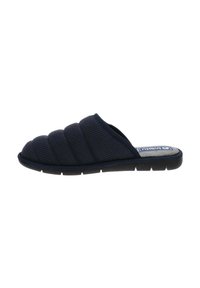 Pantofole slip-on trapuntate blu scuro con suola imbottita, apertura sul retro e tessuto morbido.