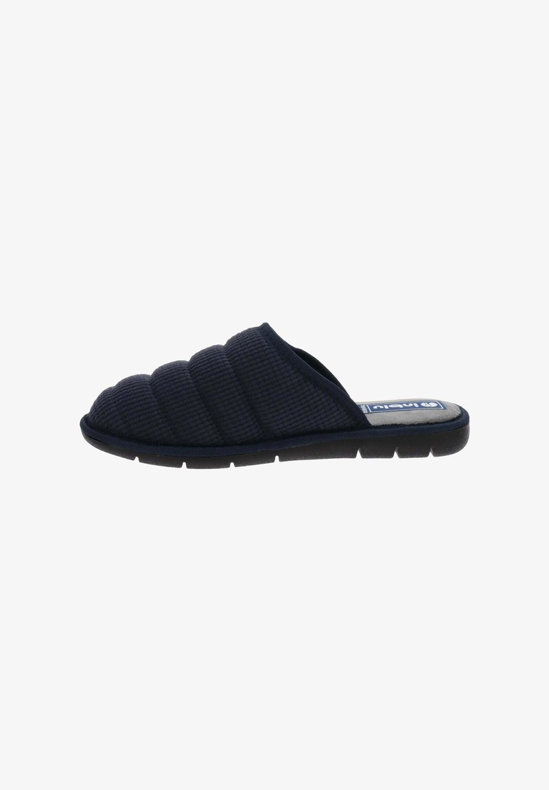 Pantofole slip-on trapuntate blu scuro con suola imbottita, apertura sul retro e tessuto morbido.