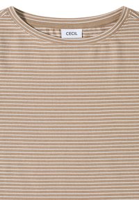 Beige und weiß gestreiftes Hemd mit rundem Halsausschnitt und "CECIL" Markenlabel am Kragen.