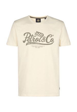 Kremowa koszulka z krótkim rękawem wykonana z bawełny, z dużym szarym nadrukiem logo "Petrol & Co" z przodu. Standardowy okrągły dekolt.