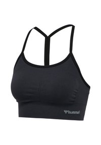 Schwarzer Sport-BH mit dünnen Trägern und Racerback-Design, mit kleinem grauem Hummel-Logo am unteren Bund.