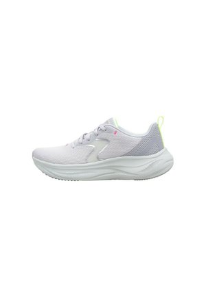 Baskets de sport grises et blanches avec tige en mesh, semelle texturée, accents néon et design à lacets. Silhouette profilée pour un soutien et un confort optimaux.