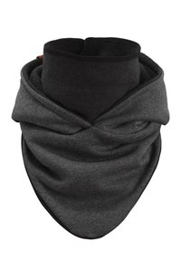 Gray fabric scarf with a soft texture, featuring a looped design that creates a cowl effect. Edges are finished with a black trim.
