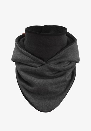 Gray fabric scarf with a soft texture, featuring a looped design that creates a cowl effect. Edges are finished with a black trim.