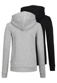 Felpe con cappuccio grigie e nere, realizzate in tessuto morbido, con maniche lunghe, orlo arrotondato e cappuccio con cordino.