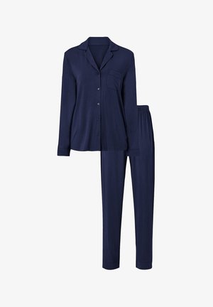Dark blue long-sleeve button-up pajama top with chest pocket and matching elastic waistband pants.