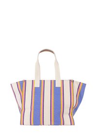 Borsa a tracolla a righe realizzata in tessuto con righe blu, bianche, viola e gialle; presenta manici in tela e un design spazioso.