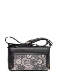 Černá kožená kabelka s vzorovaným šedým předním dílem, strukturovaným designem, nastavitelným ramenním popruhem a doplňky v zlaté barvě.