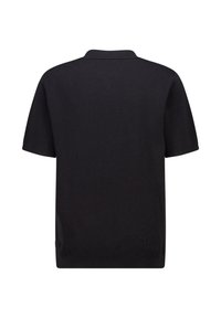 Black knitted polo shirt with short sleeves, ribbed texture, and a classic collar. Features a straight hem and no visible logo or accents.