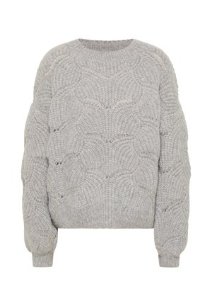 Šedý pletený sveter s textúrovaným, vlnitým vzorom, s dlhými rukávmi a zaobleným výstrihom. Pohodlná a hrubá látka.