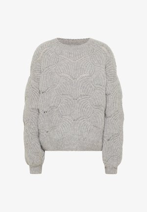Šedý pletený sveter s textúrovaným, vlnitým vzorom, s dlhými rukávmi a zaobleným výstrihom. Pohodlná a hrubá látka.