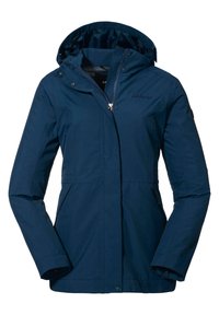 Marinblå vattentät jacka med dragkedja och tryckknappsstängning, justerbar huva, sidofickor och en mjuk yta. Har varumärkeslogotyp broderad.