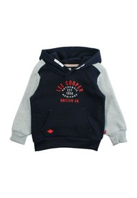 Sweat à capuche avec un corps bleu marine, des manches grises et une poche frontale. Présente un logo texte rouge et blanc ainsi que des poignets et un ourlet côtelés.