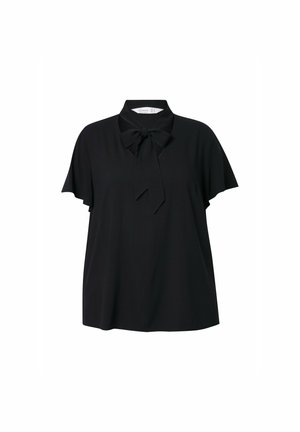 Černá blůza s límcem a detailem ve formě motýlka. Krátké rozšířené rukávy a volný střih. Hladká tkanina bez viditelných vzorů nebo akcentů.