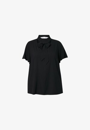 Mustavärinen lyhythihainen pusero, jossa on kaulus ja rusettiyksityiskohta. Pehmeä, sileä kangas ja väljä istuvuus. Ei kuvioita tai korostuksia.