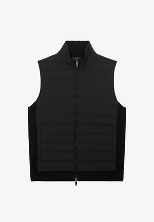 Black sleeveless quilted vest with high collar and front zipper, featuring horizontal stitching and side panels.