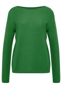 Green knitted sweater with a wide neckline, long sleeves, and a textured finish. Lightweight material and relaxed fit.