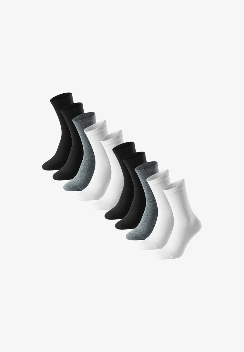 Un set di 12 calzini, nei colori solidi nero, bianco e grigio; lunghezza fino al polpaccio; materiale in misto cotone; texture liscia.