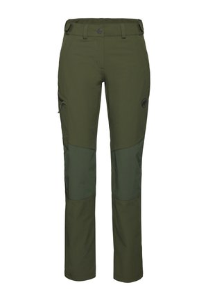 Olijfgroene outdoorbroek met een gladde textuur, verstevigde kniepads, meerdere zakken en een knoopsluiting.
