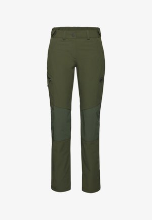 Olijfgroene outdoorbroek met een gladde textuur, verstevigde kniepads, meerdere zakken en een knoopsluiting.