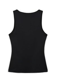 Czarny bezrękawnik z okrągłym dekoltem, wykonany z gładkiego, lekkiego materiału. Posiada dopasowany kształt i wykończone brzegi.