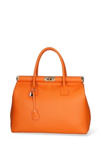 Oranje lederen handtas met een gestructureerde vorm, dubbele bovenhandvatten en een gouden slotmechanisme. Geweven oppervlak met een hangtag.