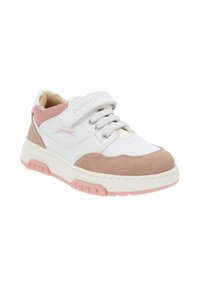 Sneaker bianca e rosa chiaro con punta in suede, design con lacci e striscia in Velcro. Presenta suola in gomma testurizzata e colletto imbottito.