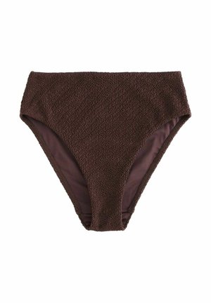 Ruskeat korkeavyötäröiset bikinihousut, joissa on kuvioitu kangas hienovaraisella kuviolla, vuorattu sisäpuoli ja keskikokoiset lahkeensuut.