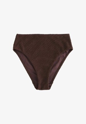 Brūnas augsta vidukļa bikini biksītes ar fakturētu audumu un smalku rakstu, oderētu iekšpusi un vidēji lielām kāju atverēm.