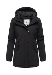 Black hooded winter jacket with front zipper, snap-button pockets, and padded collar, designed for cold weather.
