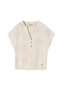 Kortey mouw blouse in crèmekleur met een gestructureerde stof, bloemenpatroon, knoopsluiting en een klein geborduurd bijenmotief op de zoom.
