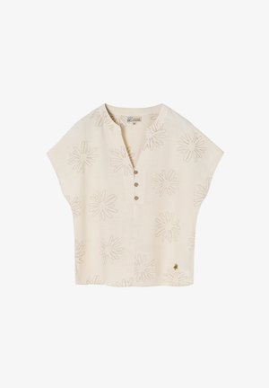 Trumpas rankovės, grietinėlės spalvos bliusonas su tekstūruotu audiniu, gėlių raštu, mygtukų užtrauktuku ir maža siuvinėta bitės detale ant apvado.