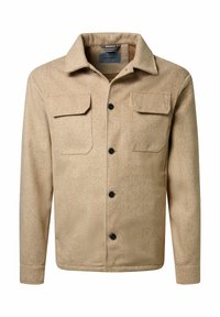 Beige visgraat button-up jas met twee borstzakken met klep, lange mouwen en klassieke kraag, weergegeven op een witte achtergrond.
