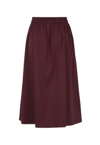 Bordeaux midi-rok met een elastische taille, gemaakt van lichtgewicht stof. Heeft een gladde textuur en een eenvoudig, vloeiend ontwerp.