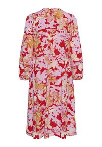 Lillelilleline kleit, millel on punane ja roosa muster kollaste aktsentidega, pikad puffvarrukad, kogutud kaelus ja mugav lõige.