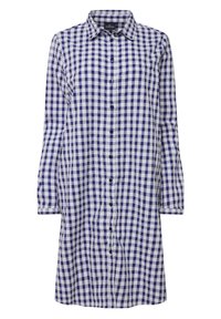 Vestito camicia a quadri blu e bianchi, con maniche lunghe, colletto, dalla linea dritta e chiusura frontale con bottoni. Texture morbida.