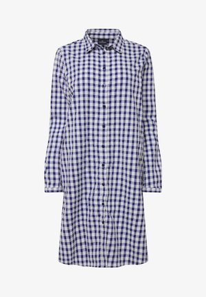 Niebieska i biała sukienka koszulowa w kratkę, z długimi rękawami, kołnierzykiem, prostym krojem i zapięciem na guziki z przodu. Miękka tekstura.